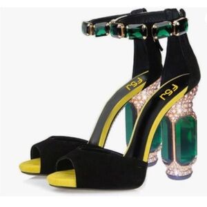 FSJ Black and Yellow Heels with Green and Gold Details